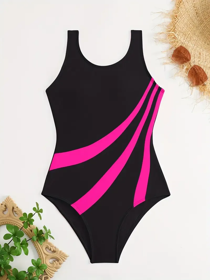 Women's Sporty One-Piece Swimsuit with Removable Pads - Sleek Black & Pink/Magenta Contrast, High-Elasticity Nylon/Elastane Blend, Round Neck, Machine Washable - Perfect for Water Sports, High Waisted Swimsuit - For Women - Suitable for Swimming, Beach &