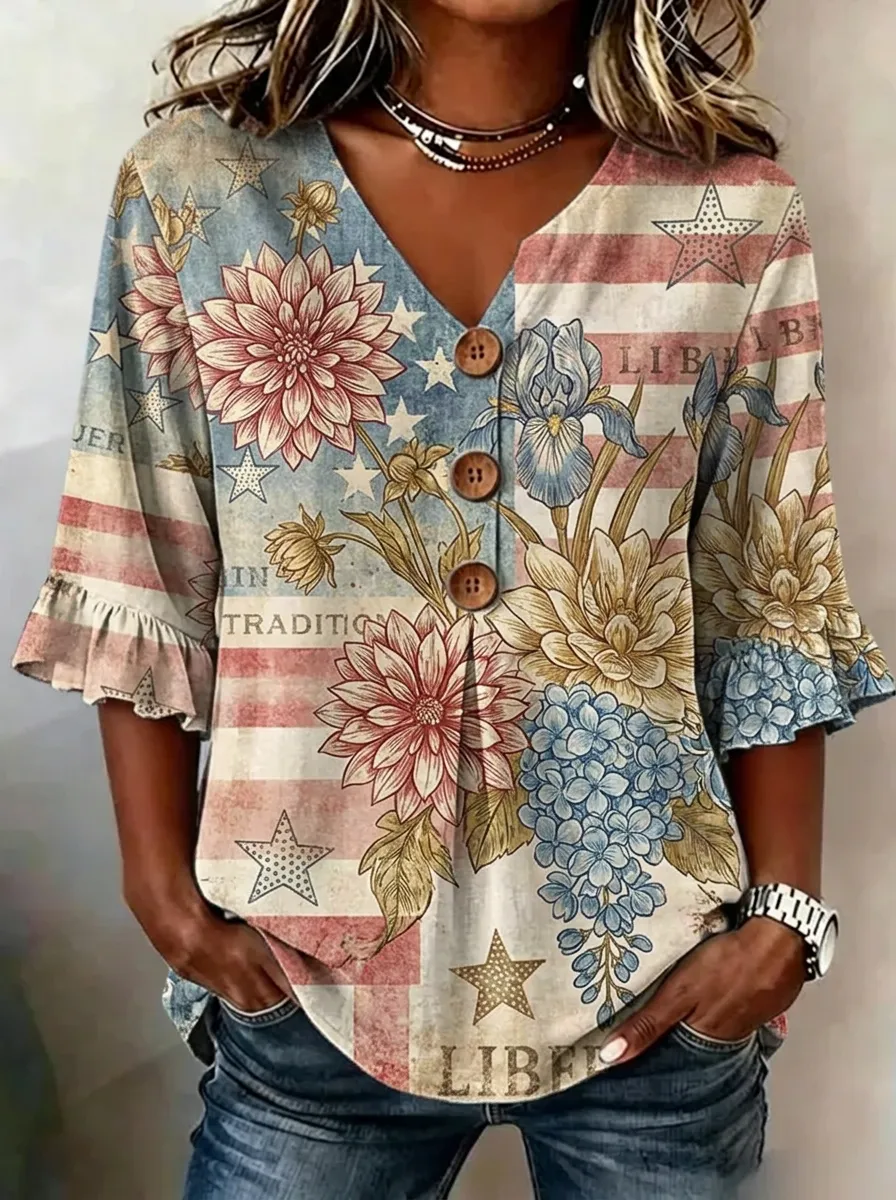 Women's Nashville Patriotic Floral Star Printed V-neck Top