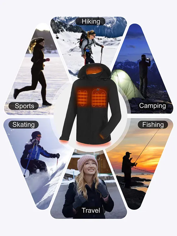 Women's heated jacket, winter windproof jacket, warm jacket with battery pack and detachable hood