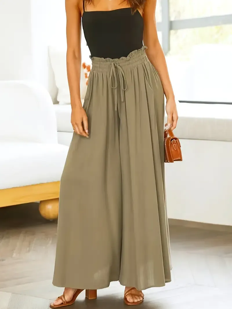Women's Wide Leg Palazzo Pants, Flowy Ruffle Solid Pants - Comfortable, Breathable Fabric - For Casual & Formal Occasions - Perfect Gift for Women