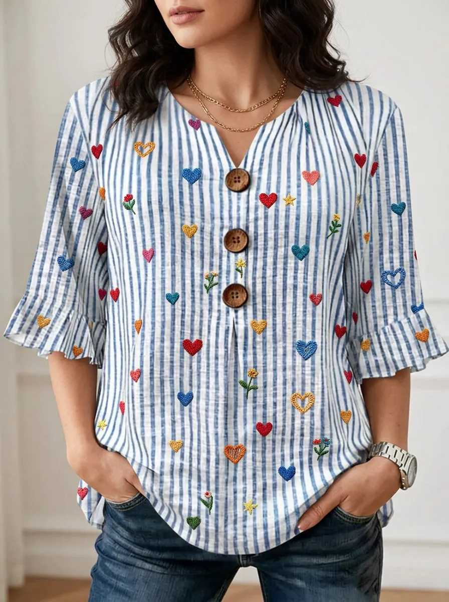 Women's Nashville Heart Floral Striped Embroidered V-neck Top