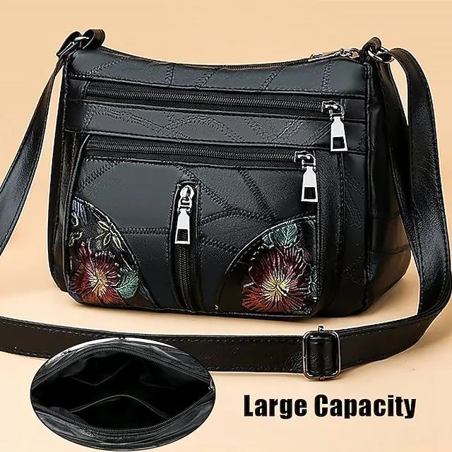 Women's Crossbody Bag Shoulder Bag Hobo Bag PU Leather Outdoor Daily Holiday Embroidery Zipper Large Capacity Waterproof Lightweight Solid Color Flower Folk Black