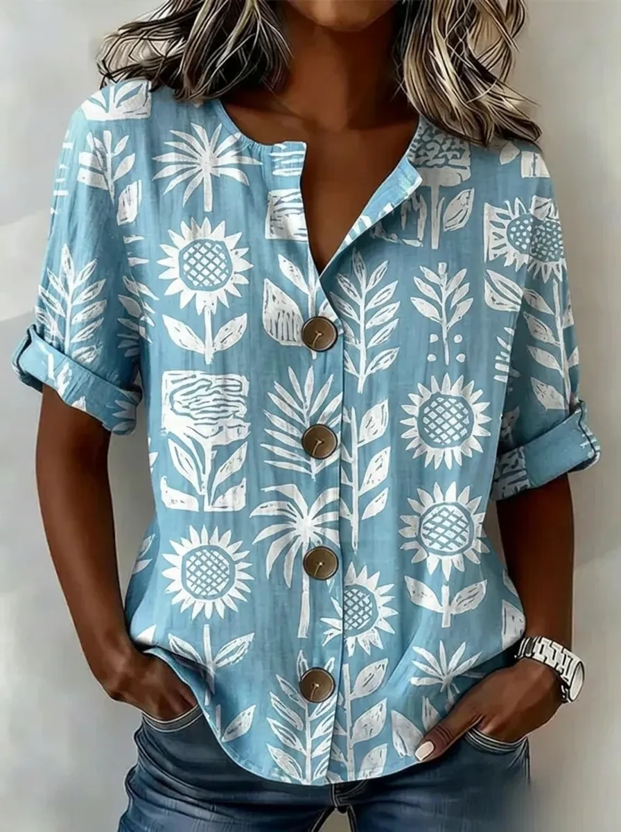 Women's Nashville Sunflower Botanical Printed Button-Up Shirt
