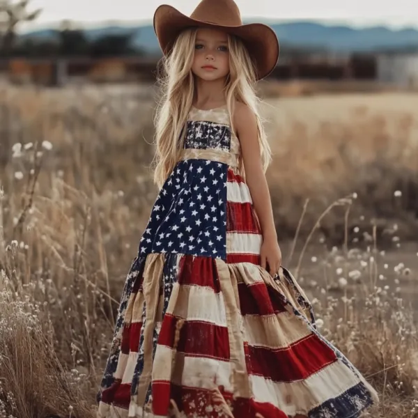 Young Girl's Independence Day Patchwork America Flag Print Linen Tank Dress
