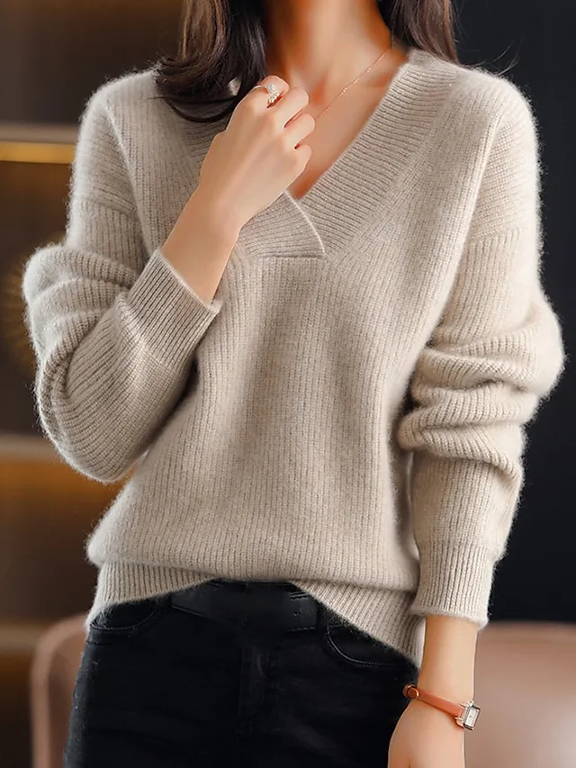 Women's Pullover Sweater Jumper V Neck Ribbed Knit Polyester Oversized Fall Winter Regular Outdoor Daily Going out Stylish Casual Soft Long Sleeve Solid Color Navy Blue Blue Camel S M L