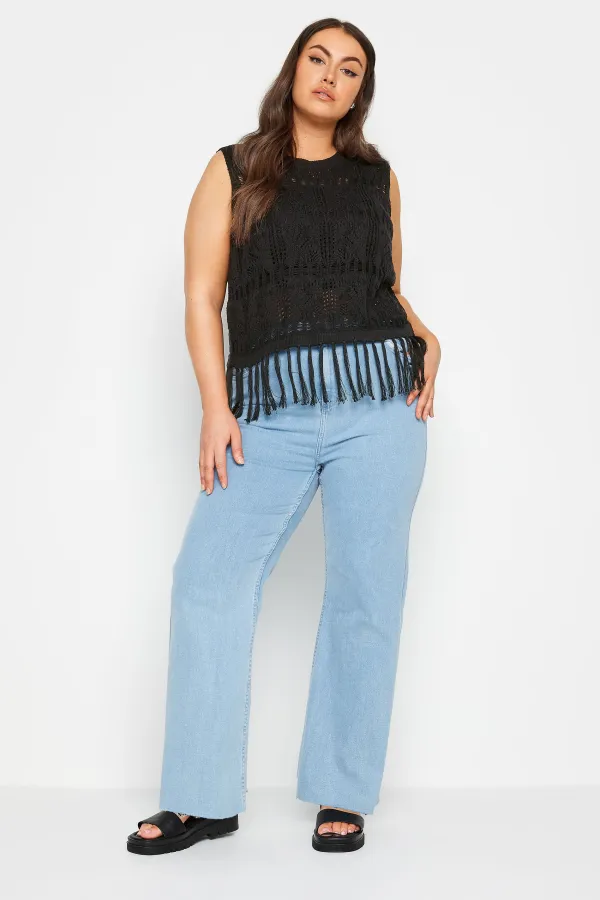 YOURS Curve Black Crochet Fringe Vest Top