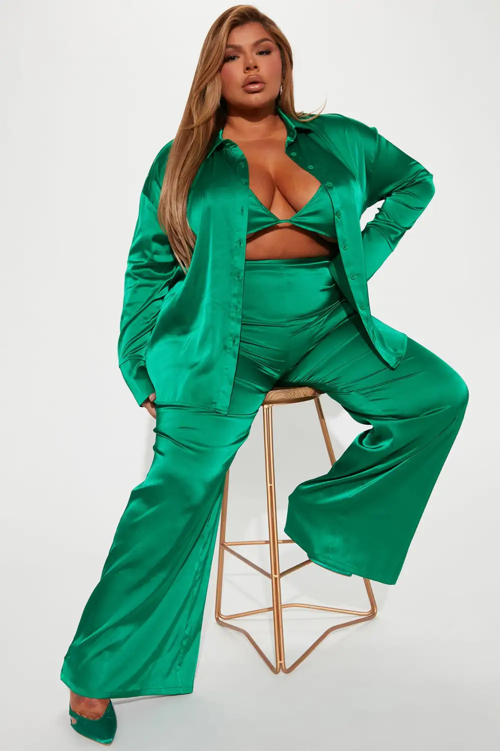 Sexy In Satin 3 Piece Pant Set - Green