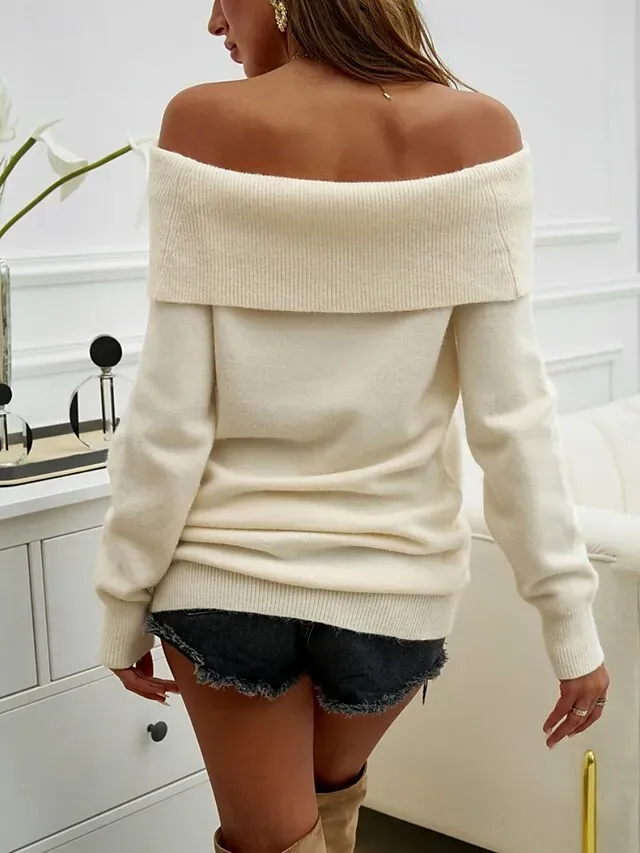 Women's Sweater Casual Soft Pure Color Ribbed Off Shoulder Knitted Long Sleeve Regular Tops Knit Outdoor Daily Weekend Camel Beige Fall Winter