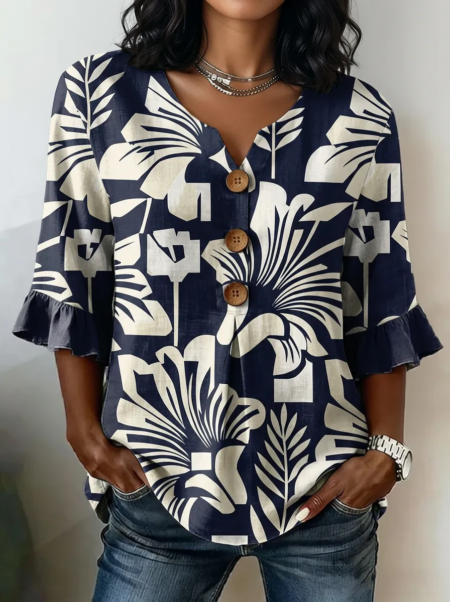 Women's Nashville Floral Pattern Buttoned Printed V-neck Top
