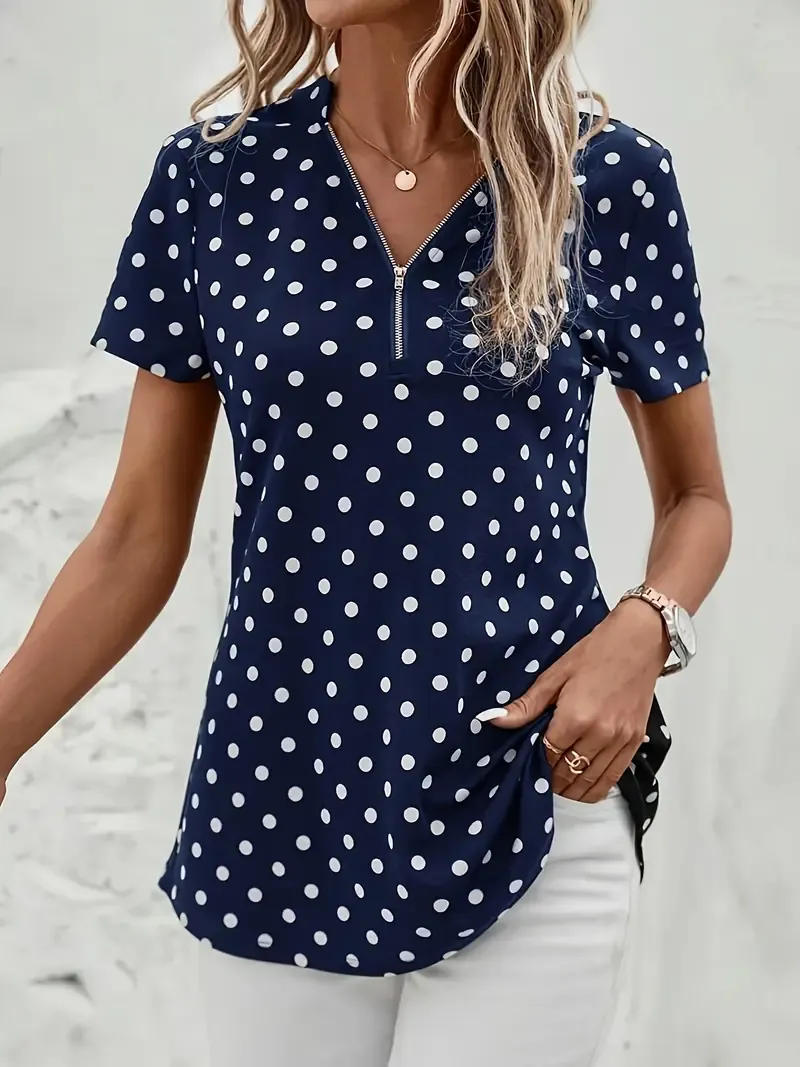 Polka Dot V-Neck Zipper Blouse, Short Sleeve Spring Summer Blouse for Women