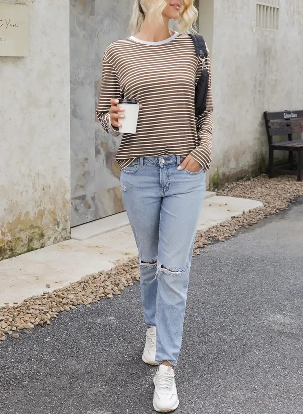 Dokotoo Women's Casual Striped Long Sleeve Tops Crew Neck Knit Ribbed Basic T Shirts