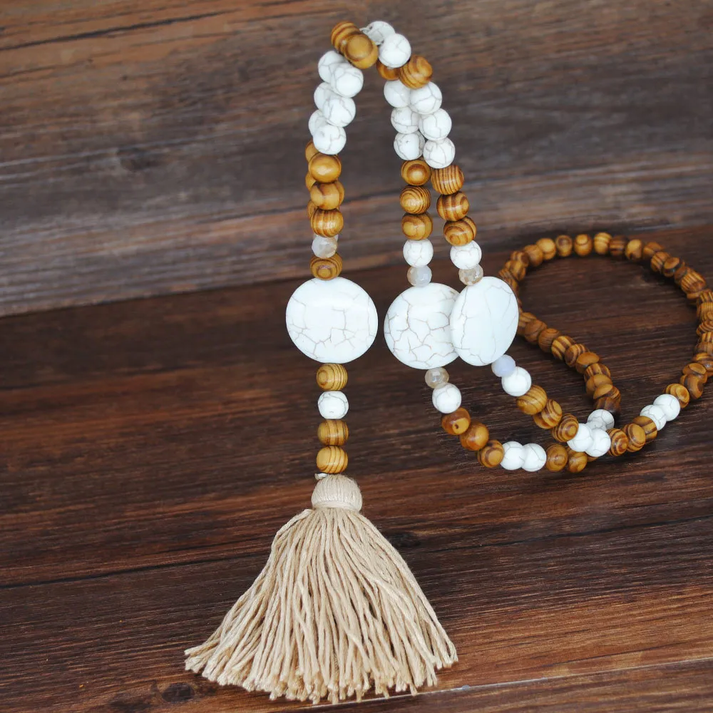 Boho Linen Dress Pendant Fringed Sweater Necklace