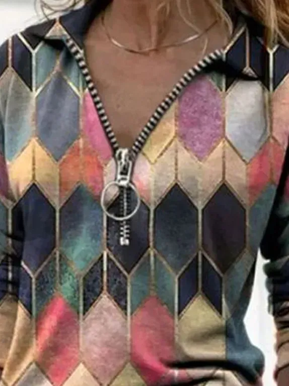 Lapel Long Sleeve Printed Zip T-shirt