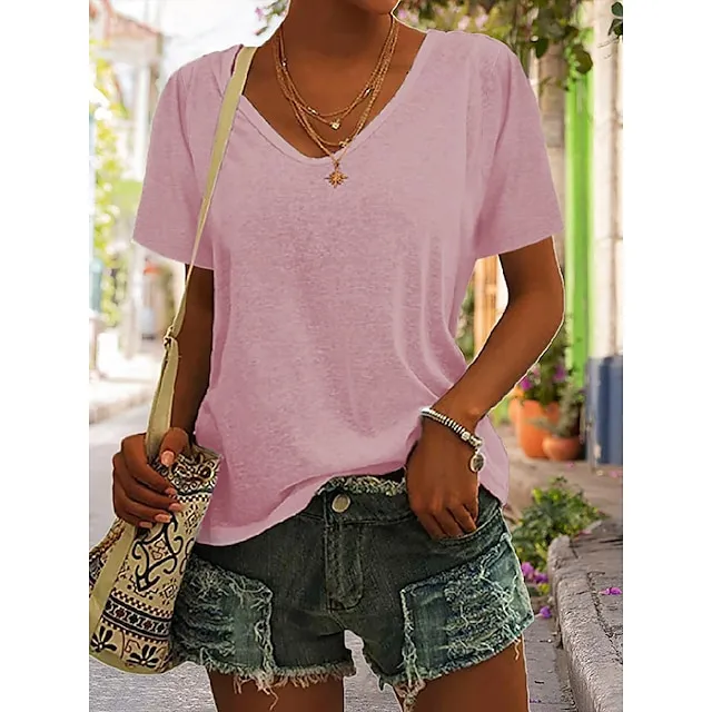 Women's Blouse T shirt Tee Basic Plain Daily V Neck T-shirt Sleeve Regular Summer White Black Blue Purple Dark Red