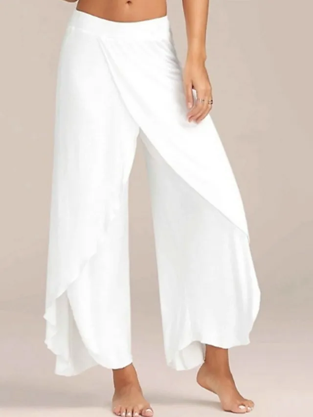 Women's Culottes Wide Leg Wide Leg Chinos Ruffle Layered Stretchy Mid Waist Basic Casual / Sporty Casual Daily Black White S M Summer Spring &  Fall