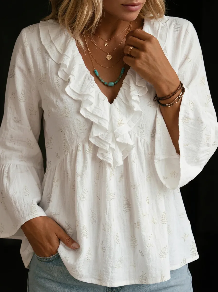 Women's Nashville Botanical Fern Printed Ruffle V-Neck Top