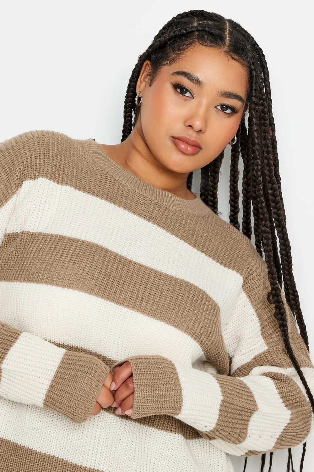 YOURS Curve Brown Stripe Ribbed Knit Jumper