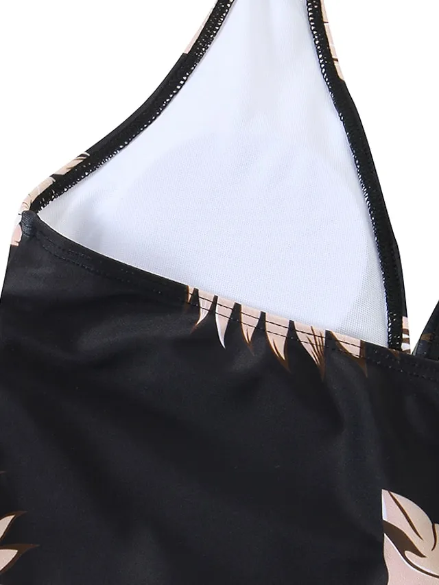 Women's Swimwear Tankini Swim Dress 2 Piece Plus Size Swimsuit Halter 2 Piece Modest Swimwear Open Back Printing Trees / Leaves Black Halter V Wire Bathing Suits New Vacation Fashion