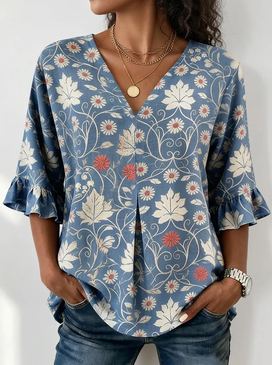 Women's Nashville Floral Leaf Pattern Printed V-Neck Ruffle Top