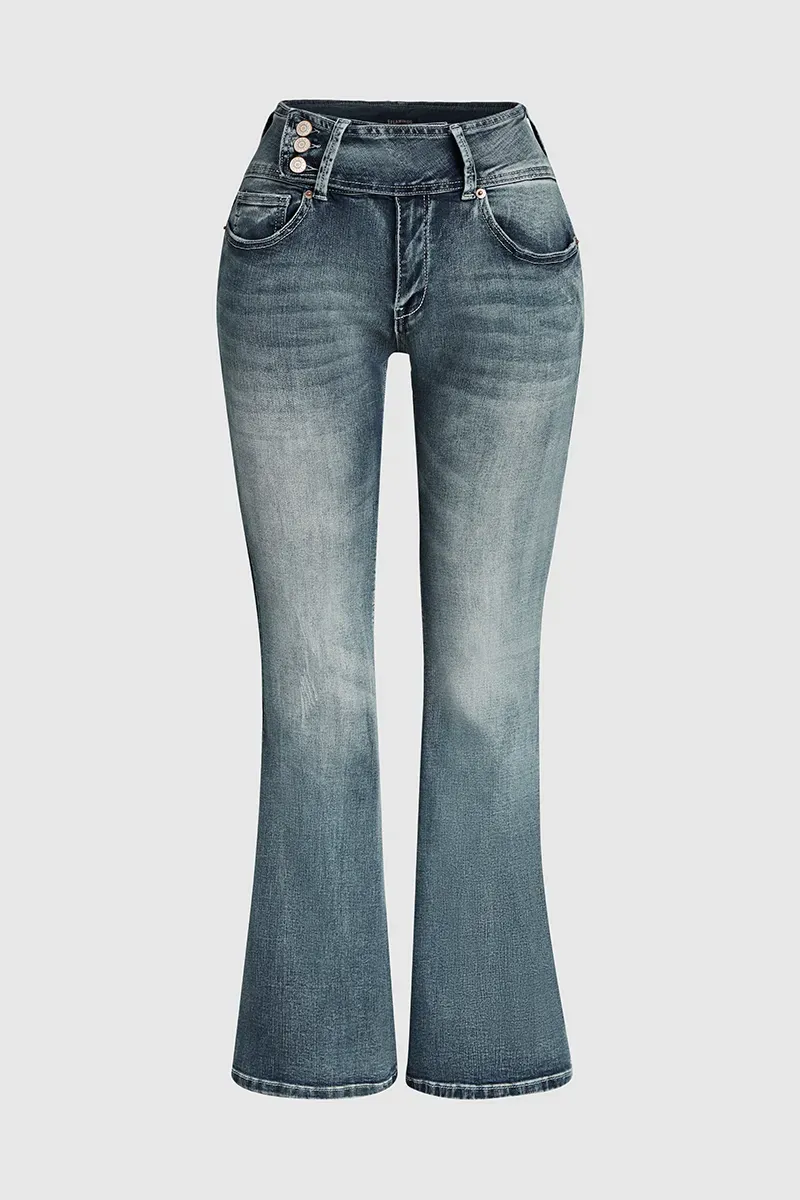 Vintage Button Side Design Mid Waist Flare Jeans