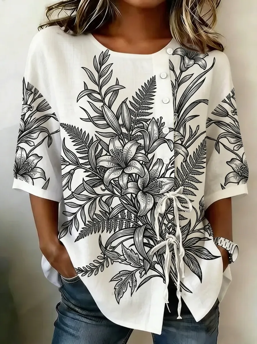 Women's Nashville Floral Botanical Printed Button-Up Top