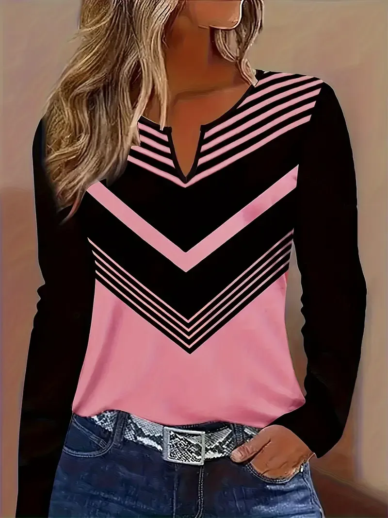 Striped Notched Neck T-shirt, Casual Long Sleeve Top For Spring & Fall, Women's Clothing