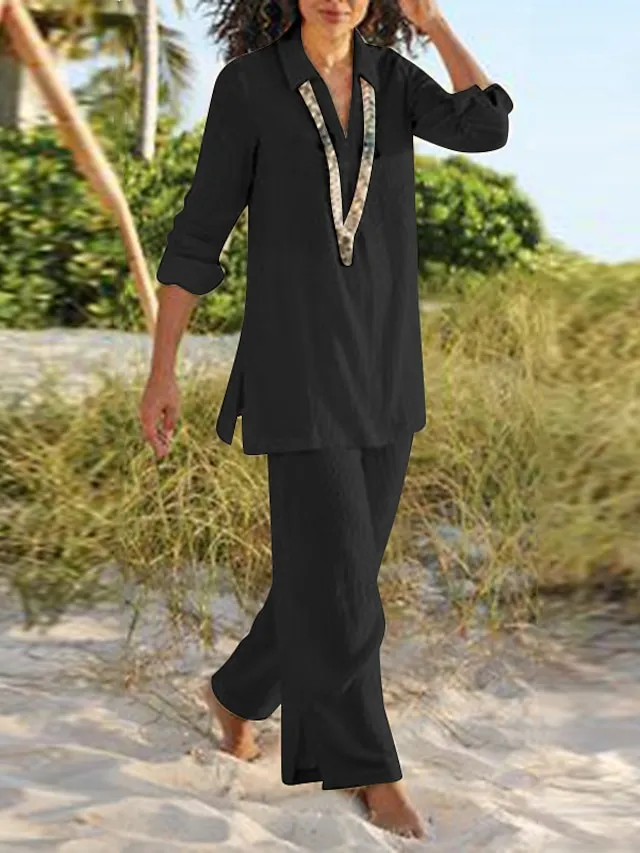 Women's Shirt Pants Sets Black Dark Navy Camel Plain Long Sleeve Casual Daily Vintage Fashion Streetwear V Neck Regular Fit Fall & Winter