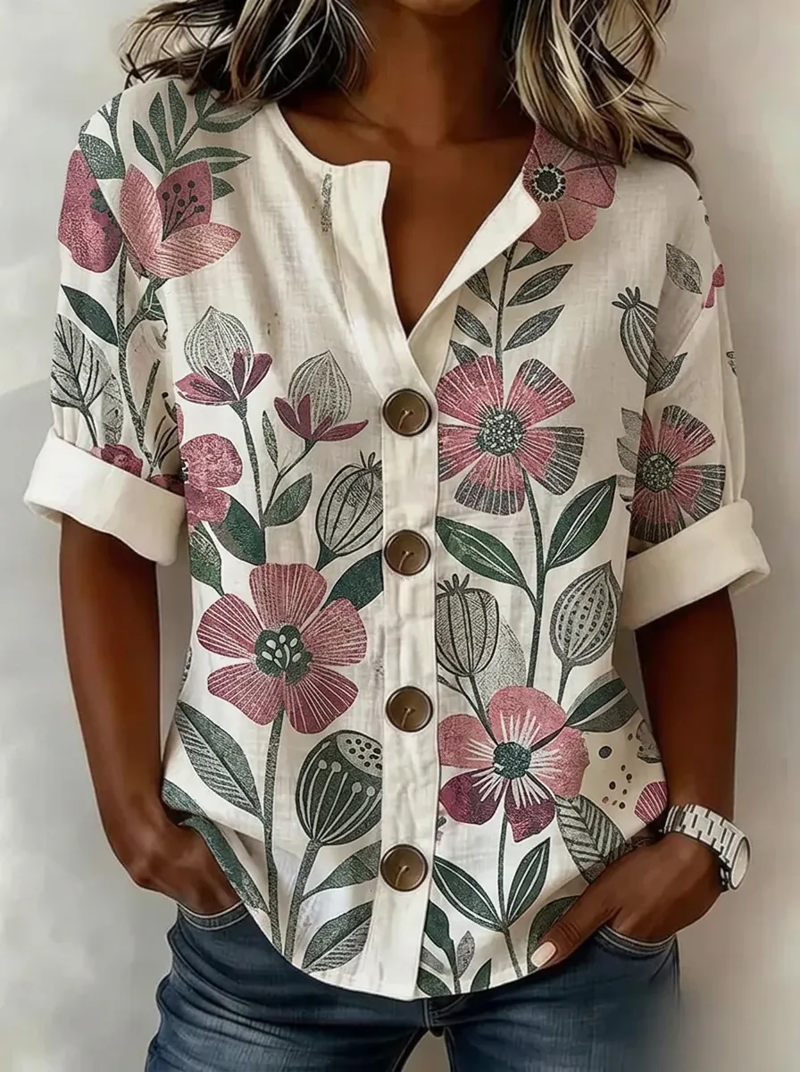 Women's Nashville Floral Botanical Printed Button-Down Shirt