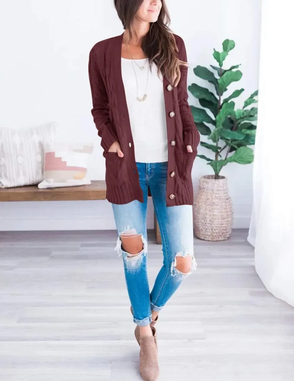 MEROKEETY Women's 2024 Fall Long Sleeve Cable Knit Sweater Open Front Cardigan Button Loose Outerwear