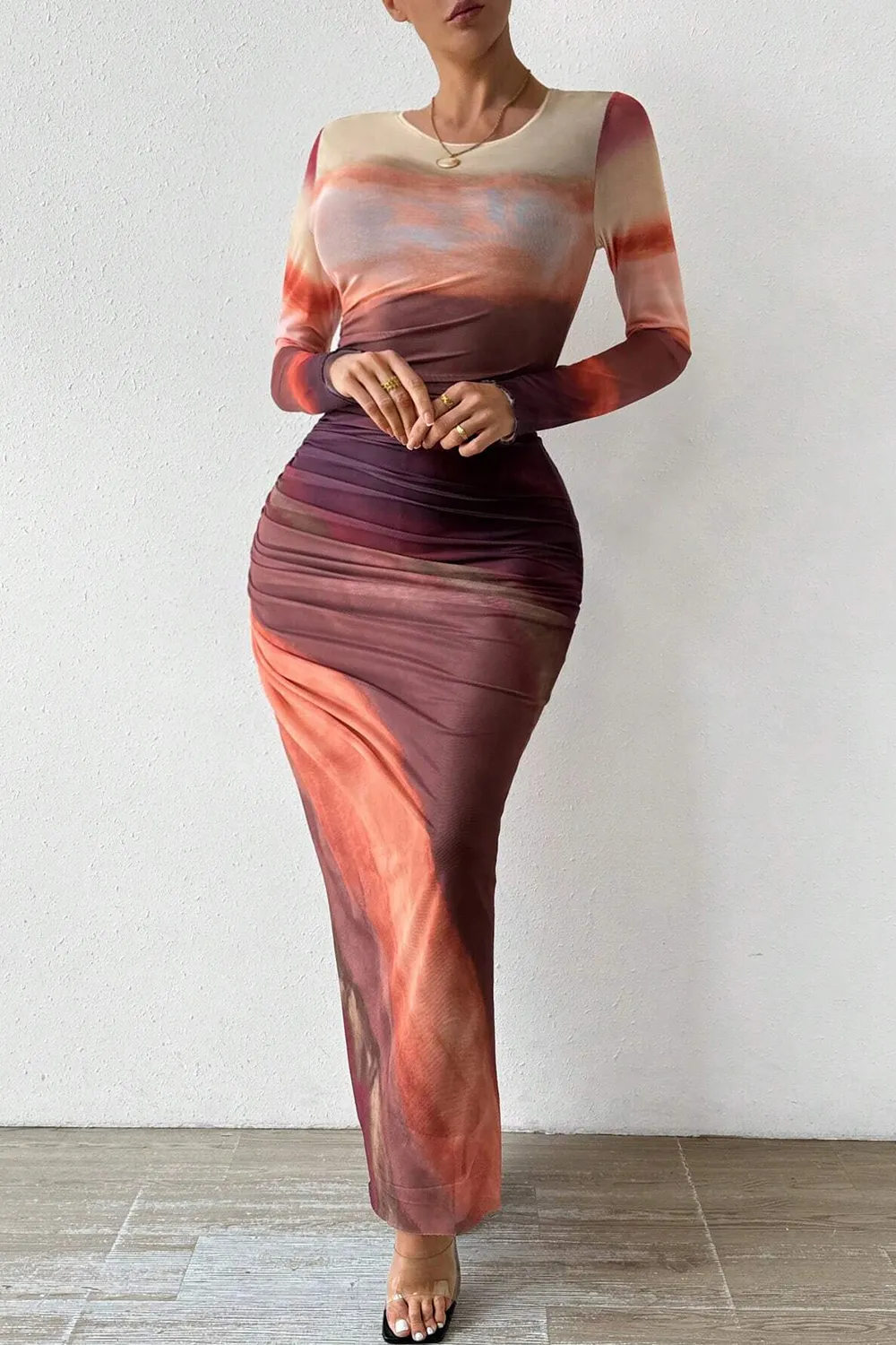 Women's Tie Dye Long Sleeve Pleated Dress Multicolor