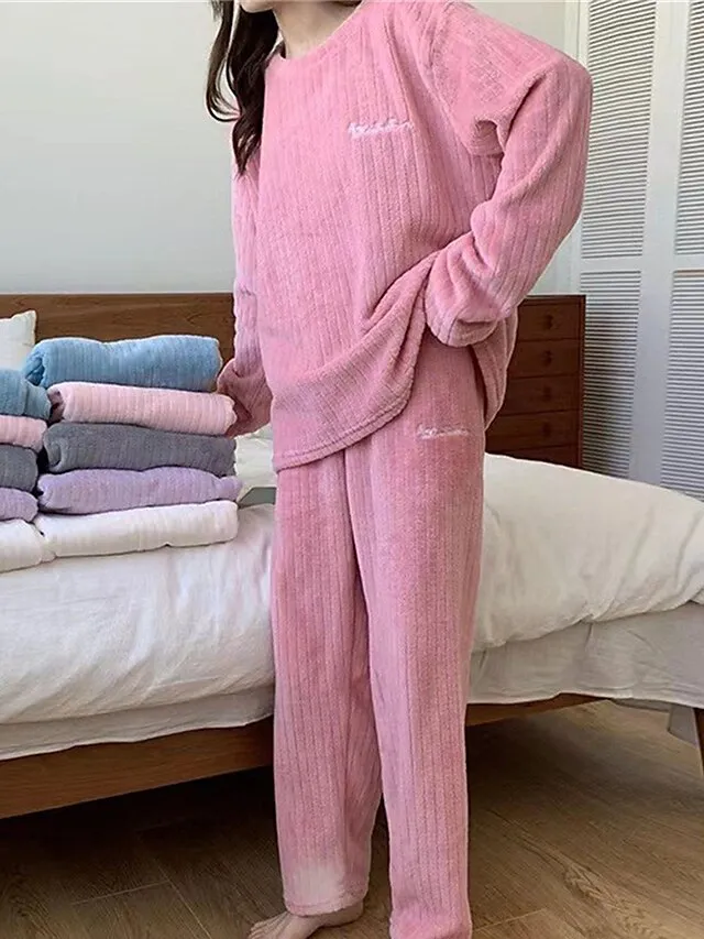 Women's Fleece Pajamas Sets Fluffy Fuzzy Letter Plush Casual Comfort Home Bed Coral Fleece Coral Velvet Warm Breathable Crew Neck Long Sleeve Pullover Pant Embroidery Fall Winter Light Pink Pink
