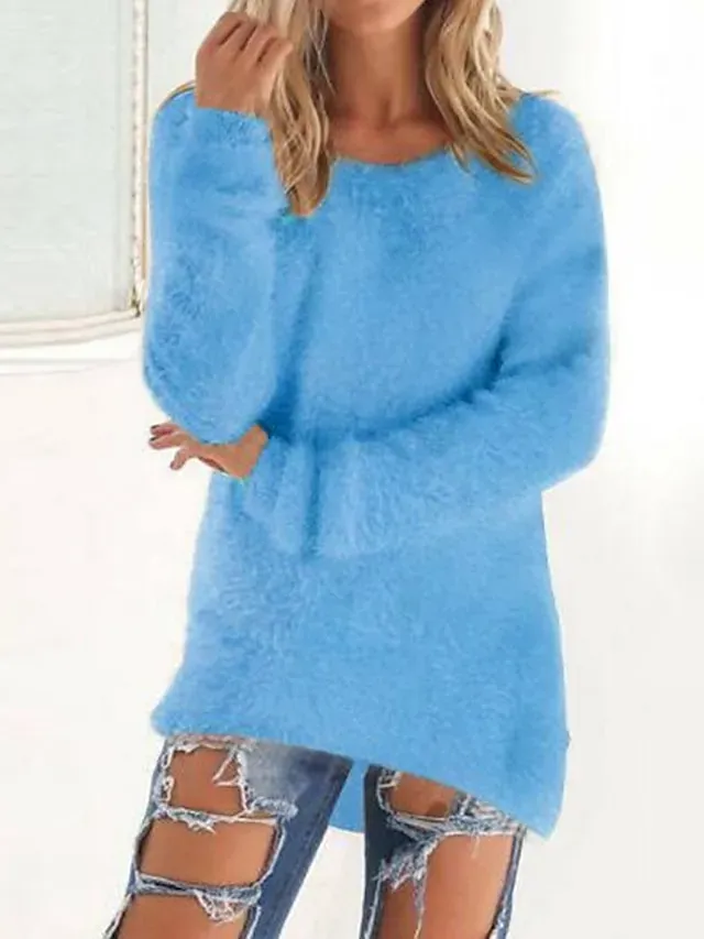 Women's Pullover Sweater Jumper Stylish Casual Soft Solid Color Fuzzy Crew Neck Oversized Long Sleeve Long Tops Knit Outdoor Daily Going out Lake blue ArmyGreen Fall Winter