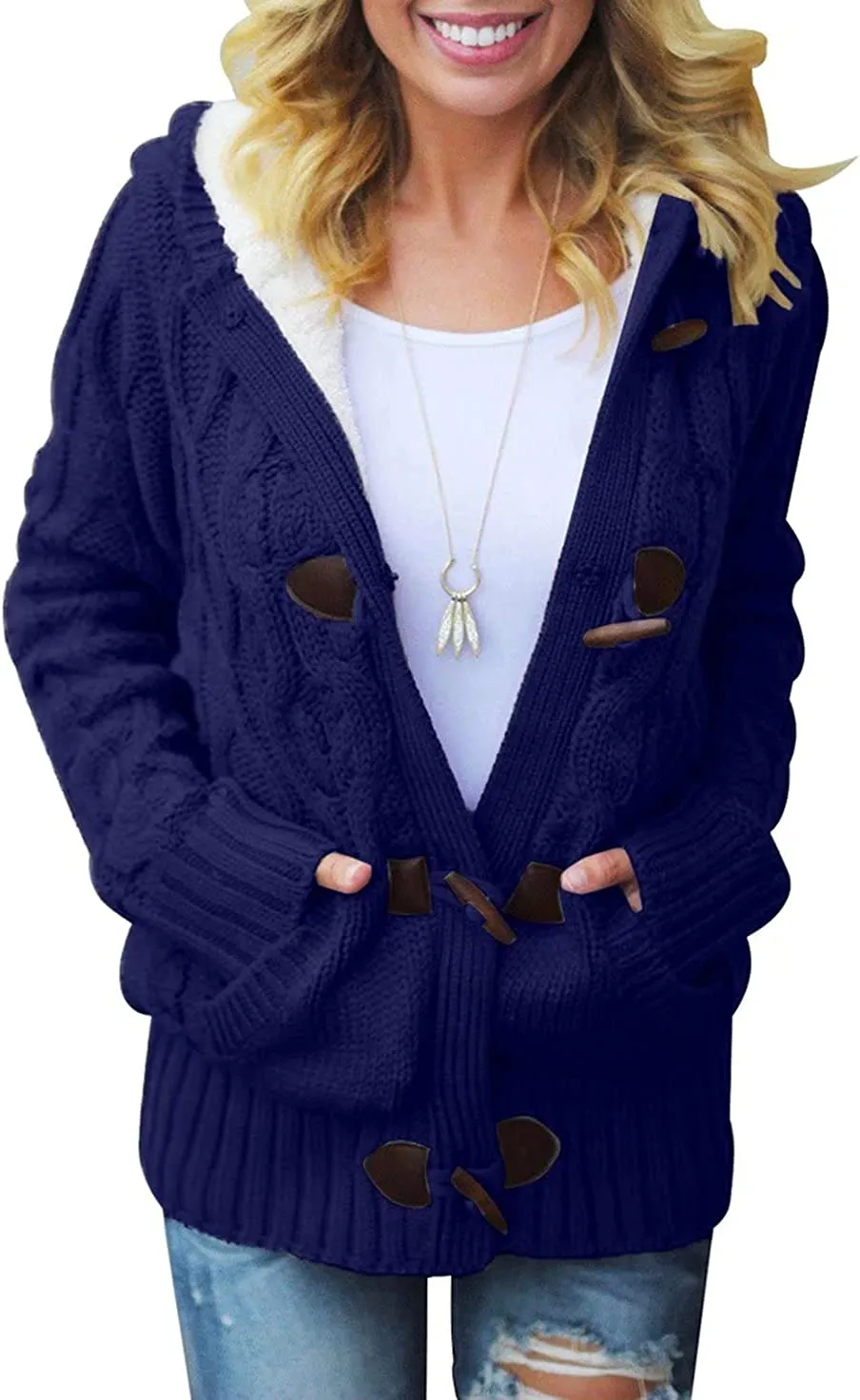 Womens Hooded Cardigans Button Up Cable Knit Sweater Coat Outerwear with Pockets
