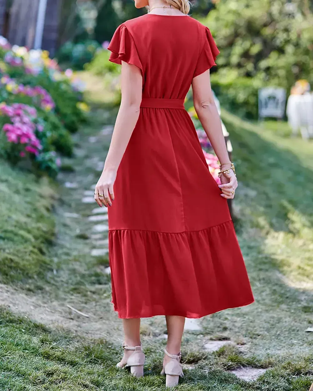 Women Summer Bohemian Floral Casual Wrap V Neck Ruffle Cap Sleeveless Belt A-Line Pleated Hem Swing Midi Sun Dress