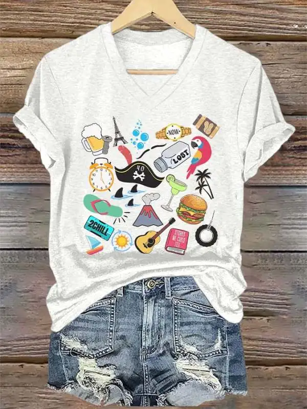 V-Neck Retro Funny Song Titles Print T-Shirt