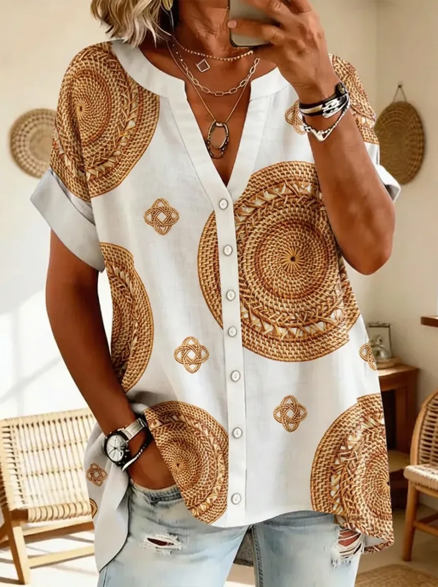 Women's Nashville Boho Woven Circle Pattern Printed V-Neck Shirt