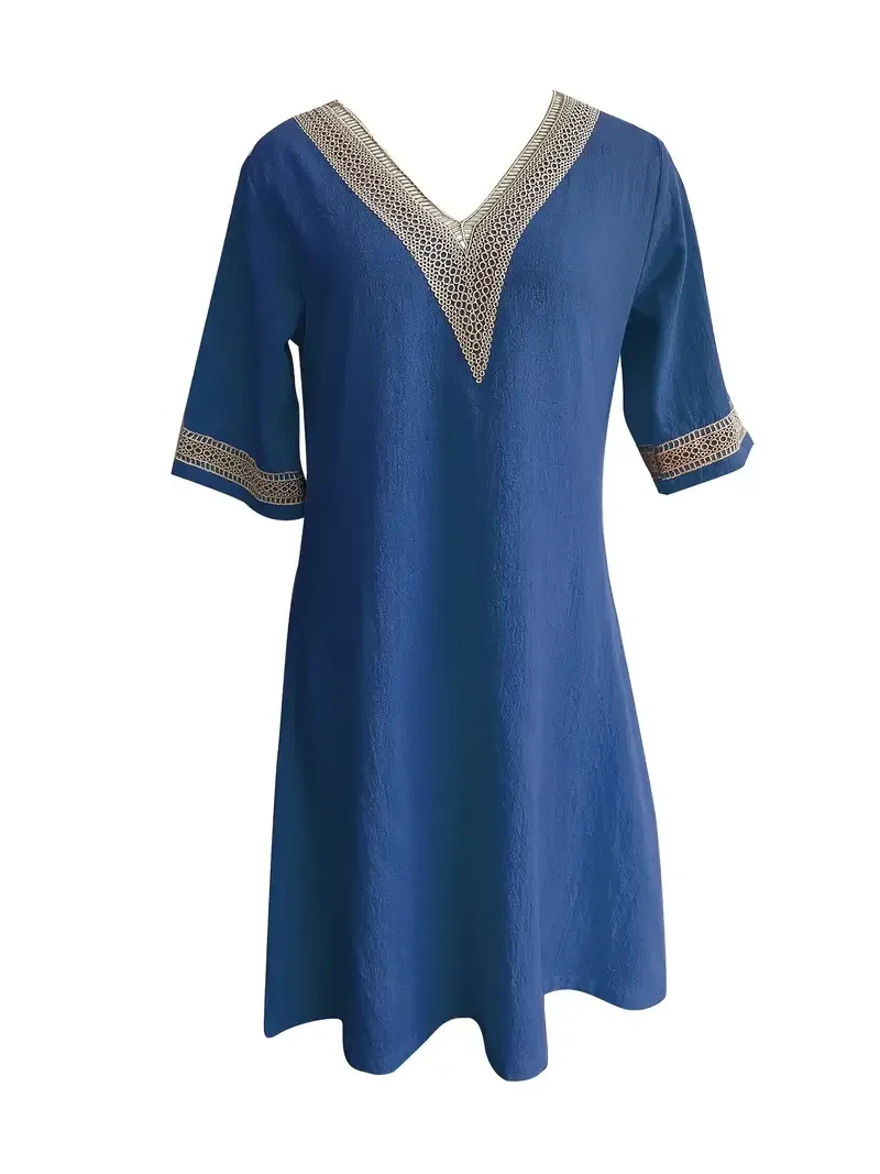 Guipure Lace V-Neck Short Sleeve Dress for Women, Spring & Summer Casual Dress