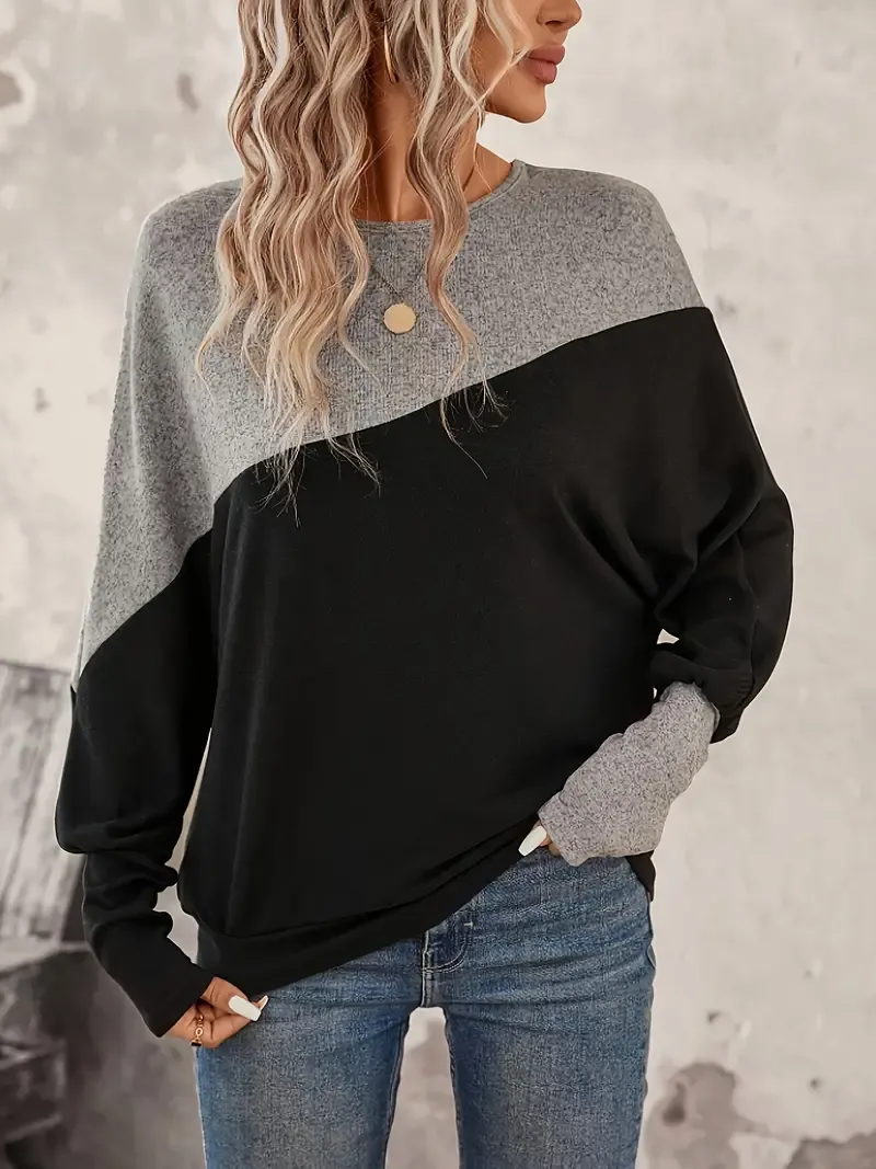 Color-Blocked Long-Sleeve Crew Neck Top