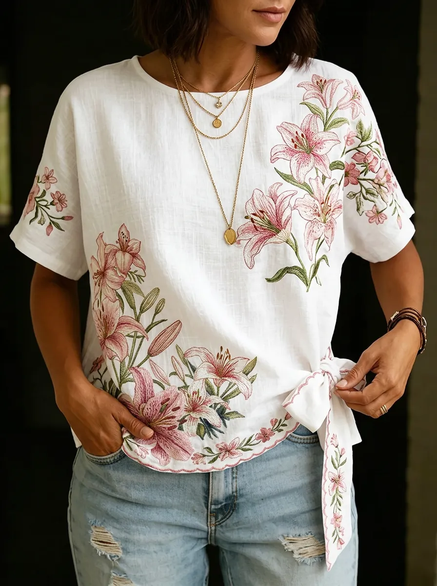 Women's Nashville Floral Lily Printed Tie-Side Top