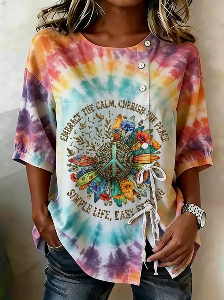 Women's Nashville Peace Sign Floral Tie-Dye Printed Top