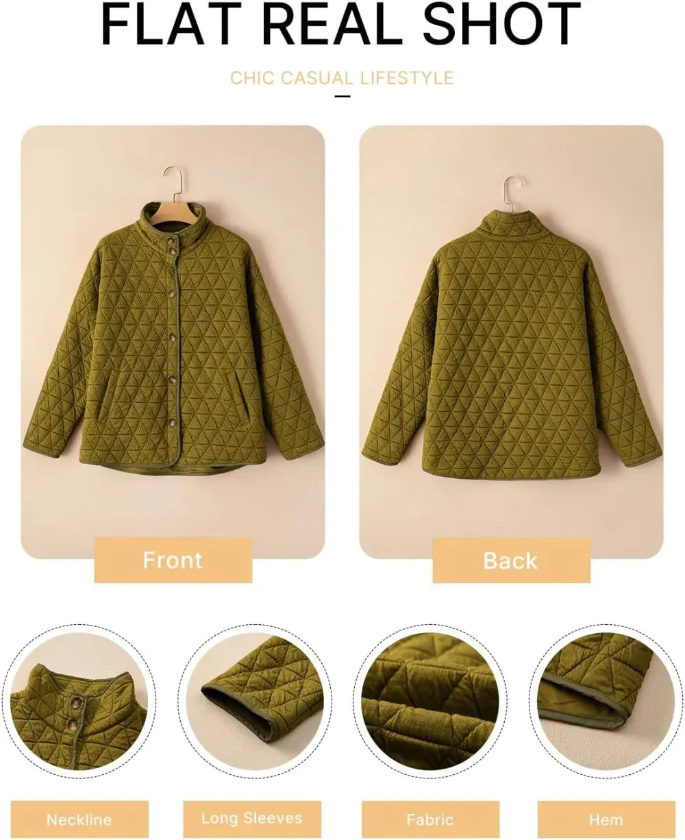 Women's Lightweight Diamond Quilted Jacket Casual Winter Open Front Button Down Puffer Coat Outwear Cardigan