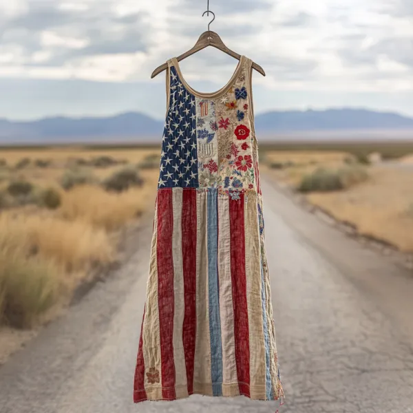 Women's Independence Day American Flag With Floral Pattern Art Print Cotton And Linen Dress