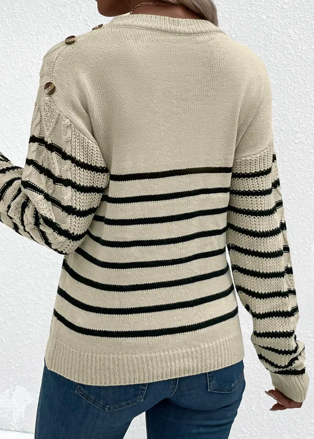 Light Camel Striped Long Sleeve Round Neck Sweater