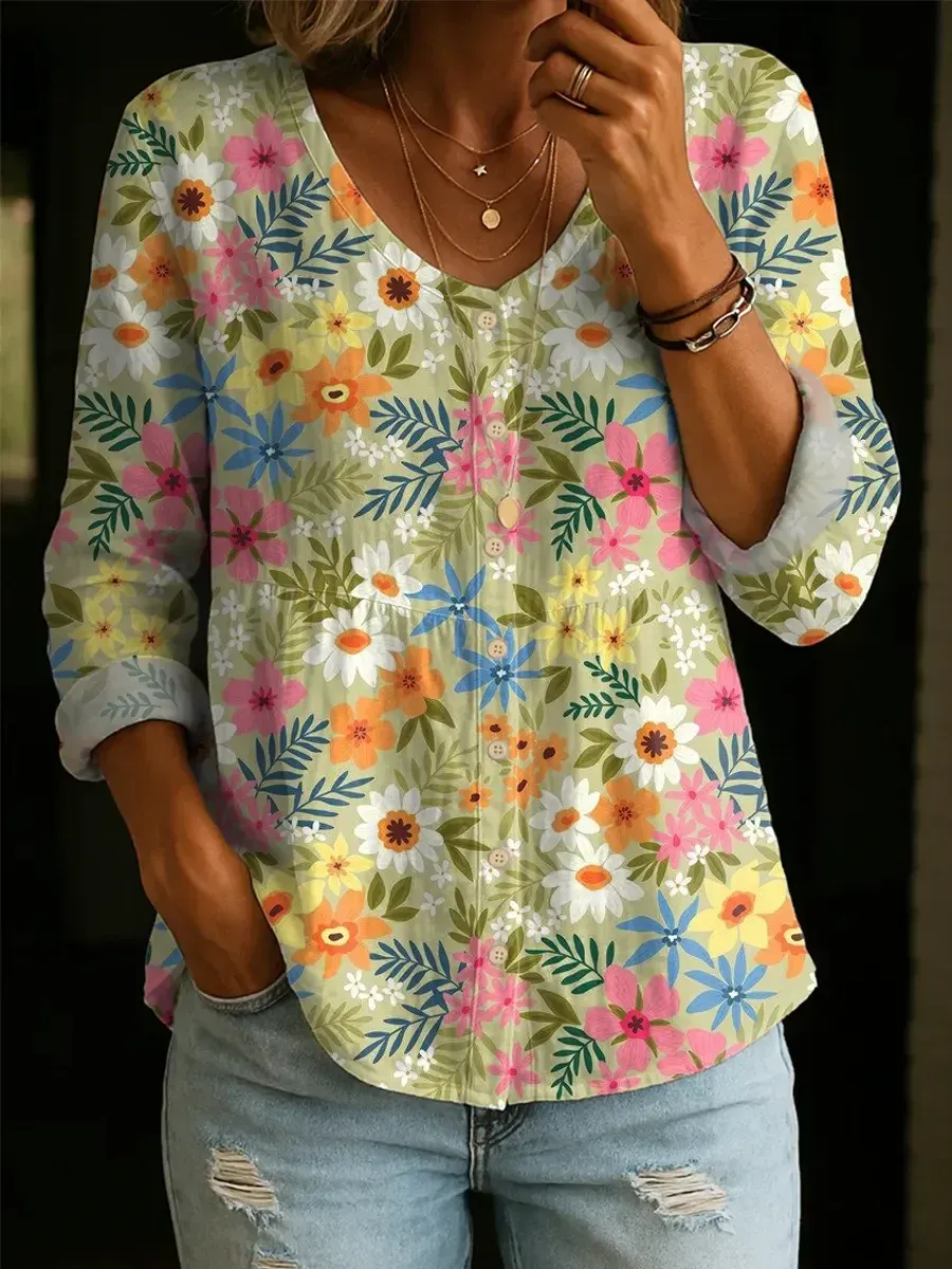 Women'S Plant Flower Pattern Button Linen Blended Shirt