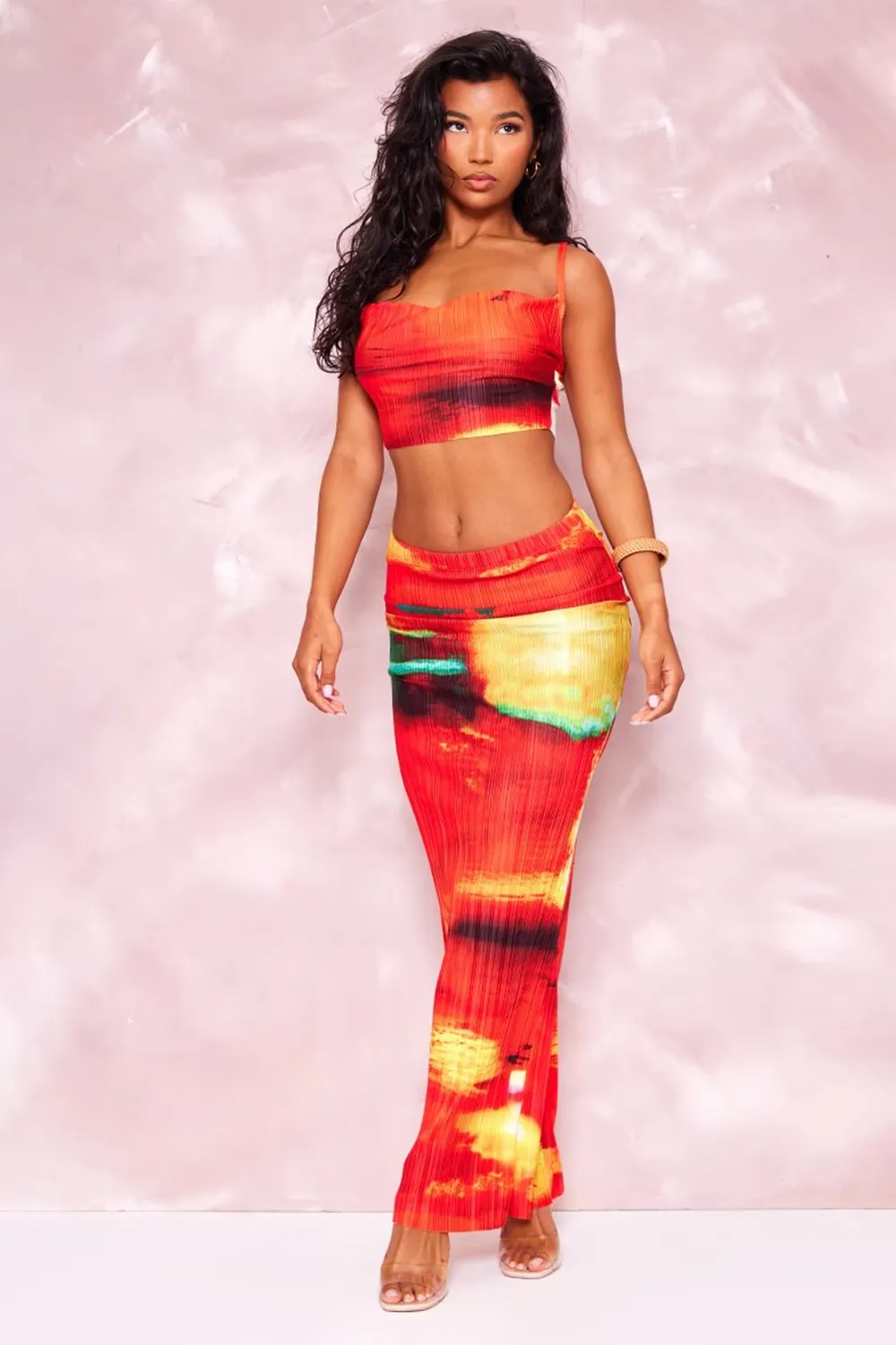 Red Abstract Print Plisse Strappy Turtleneck Top And Skirt Set