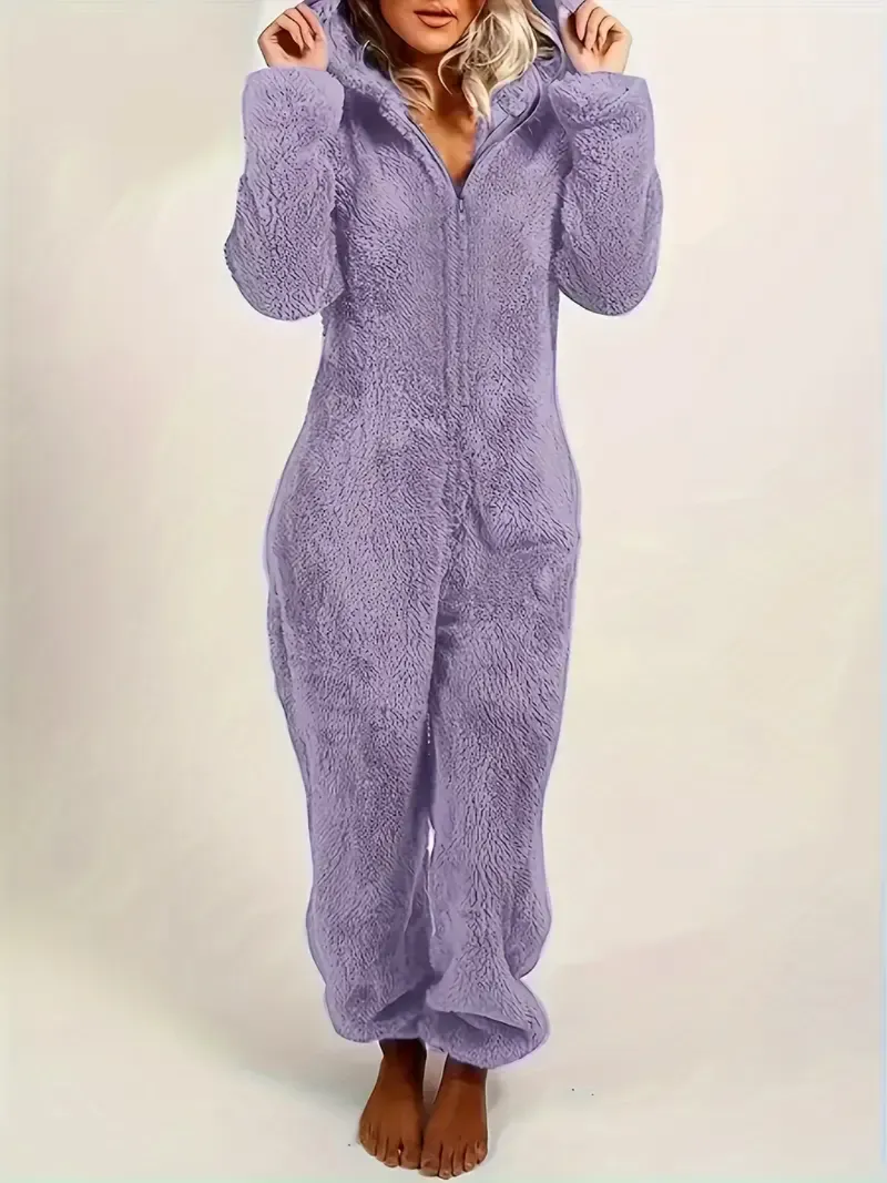 Fuzzy Hooded Pajama Jumpsuit For Music Festival, Comfy & Cute Long Sleeve Zipper Pajamas, Women's Lingerie & Sleepwear