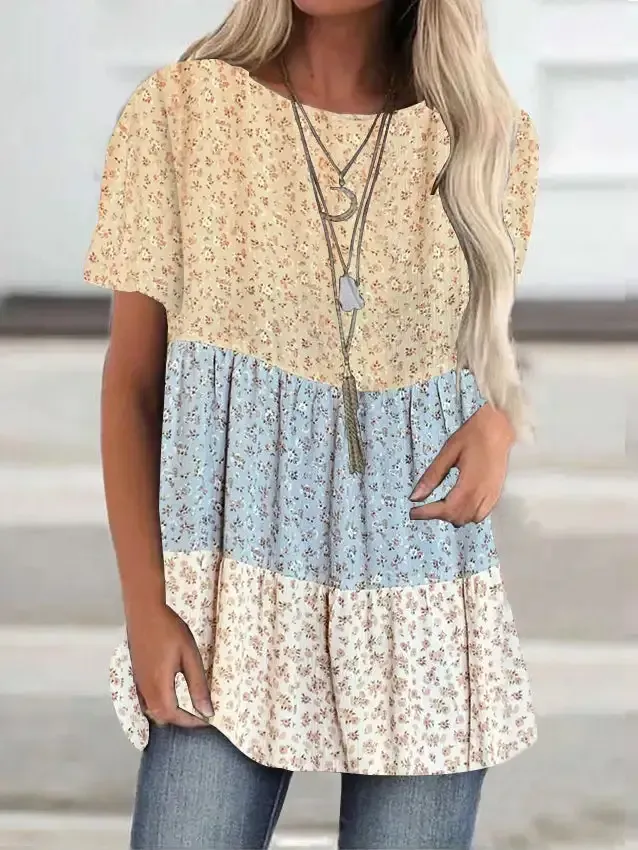 Women Short Sleeve Scoop Neck Floral Printed Stitching Top