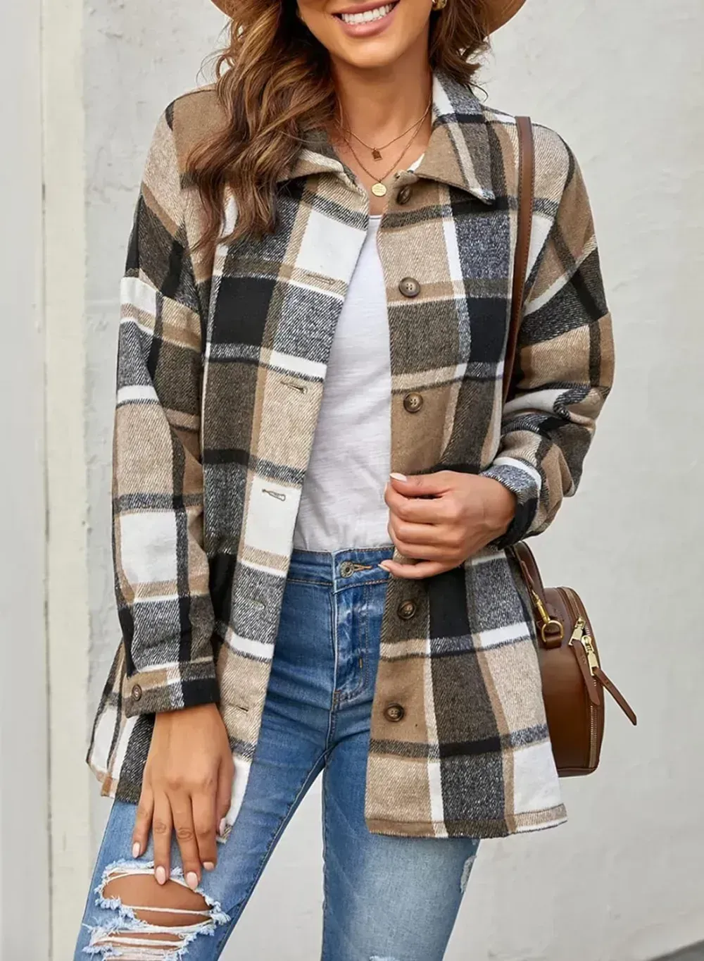 Women's 2023 Fall Clothes Plaid Shacket Jacket Long Sleeve Button Down Flannel Shirts Fashion Blouse