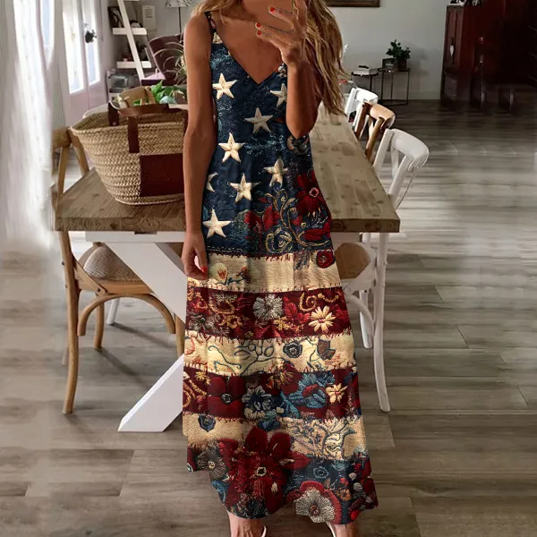 Women's Vintage Independence Day Flag Floral Art Print Casual Dress