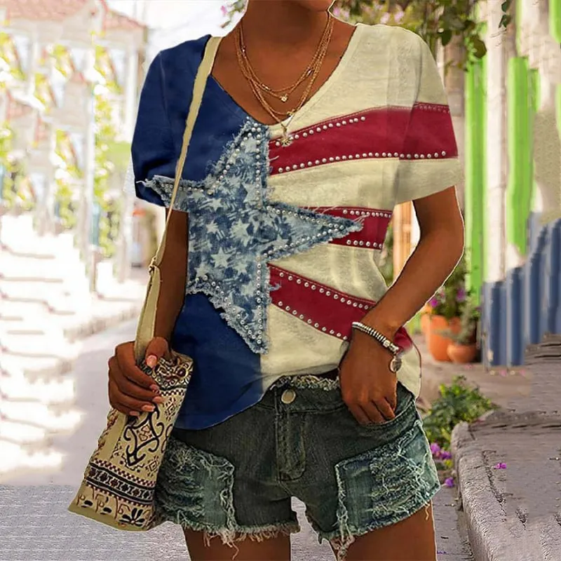 Women's Vintage Independence Day Flag And Stars Printed V-Neck T-Shirt